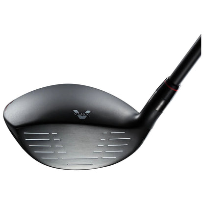 A golf club head is angled to show its curved surface and engraved markings on the face designed for striking a golf ball in a neutral setting.