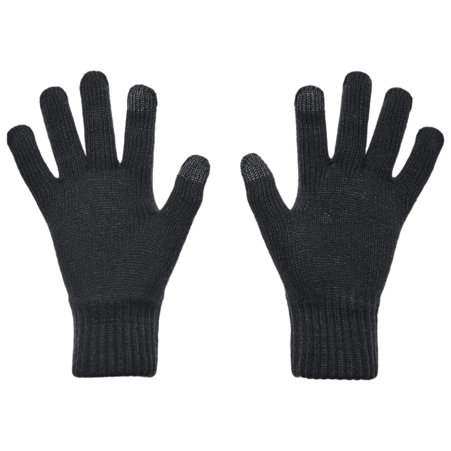 Two black knitted gloves are displayed with fingers fully extended facing upward, showcasing their design and texture against a plain background, suggesting warmth and protection for hands.