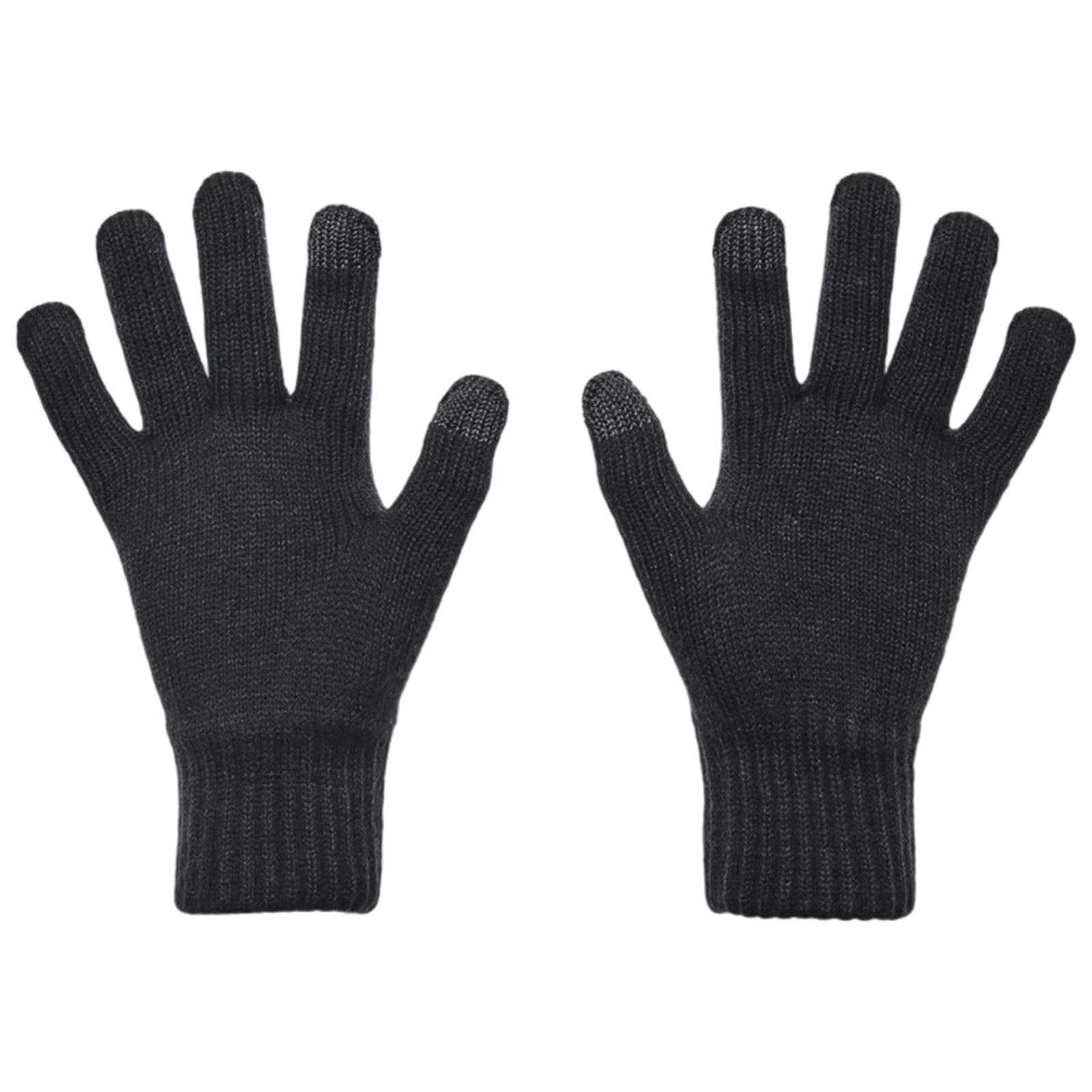 Two black knitted gloves are displayed with fingers fully extended facing upward, showcasing their design and texture against a plain background, suggesting warmth and protection for hands.