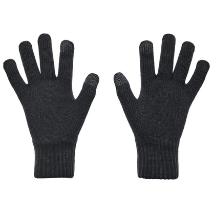 Two black knitted gloves are displayed with fingers fully extended facing upward, showcasing their design and texture against a plain background, suggesting warmth and protection for hands.