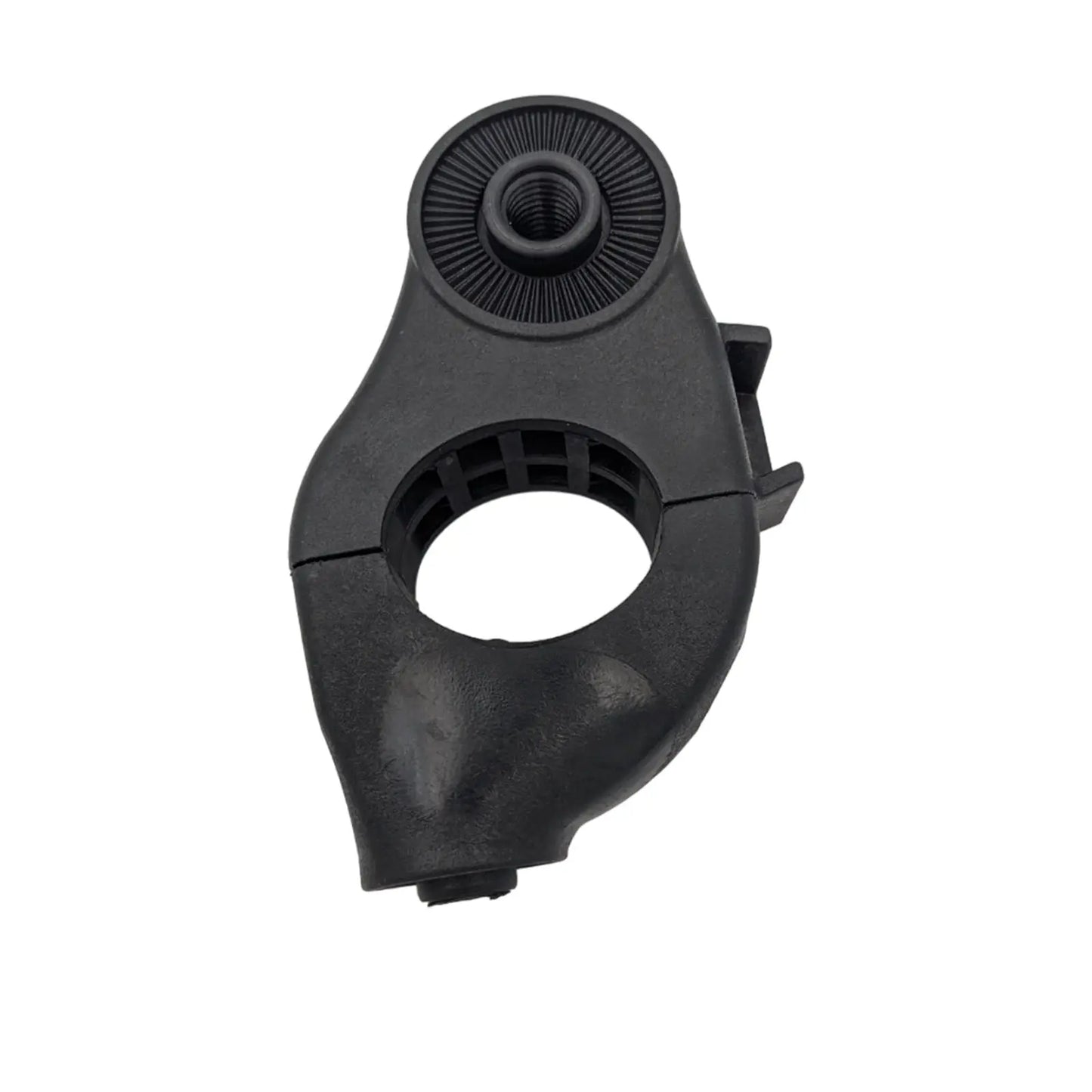 A black plastic clamp with an adjustable circular opening and threaded top is positioned upright, designed to secure objects together in a workshop or mechanical context.
