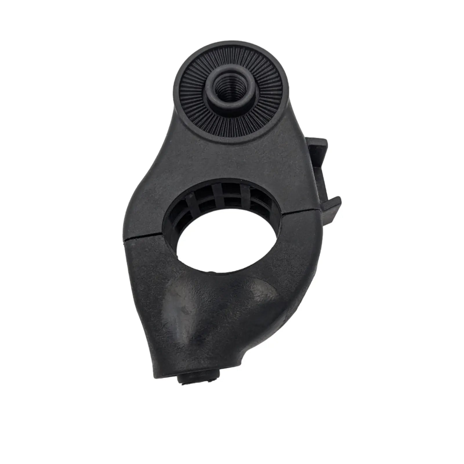 A black plastic clamp with an adjustable circular opening and threaded top is positioned upright, designed to secure objects together in a workshop or mechanical context.