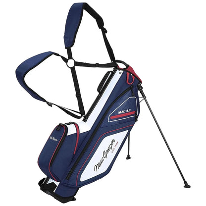 A golf bag with a stand is displayed featuring dual straps for carrying and compartments for storing golf clubs and accessories in a blue and white design with red accents