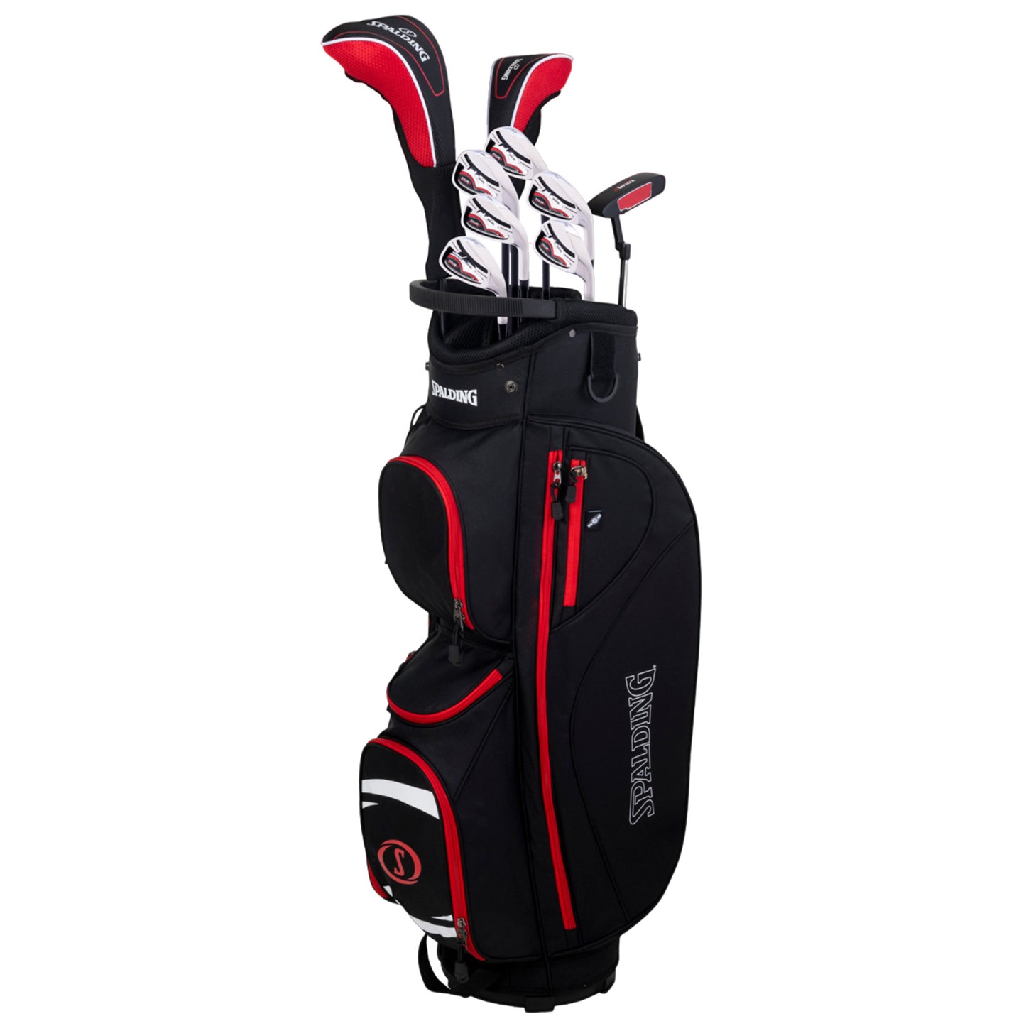 A black and red golf bag stands upright containing several clubs visible at the top with a spacious compartment for additional gear and pockets on the side for storage.