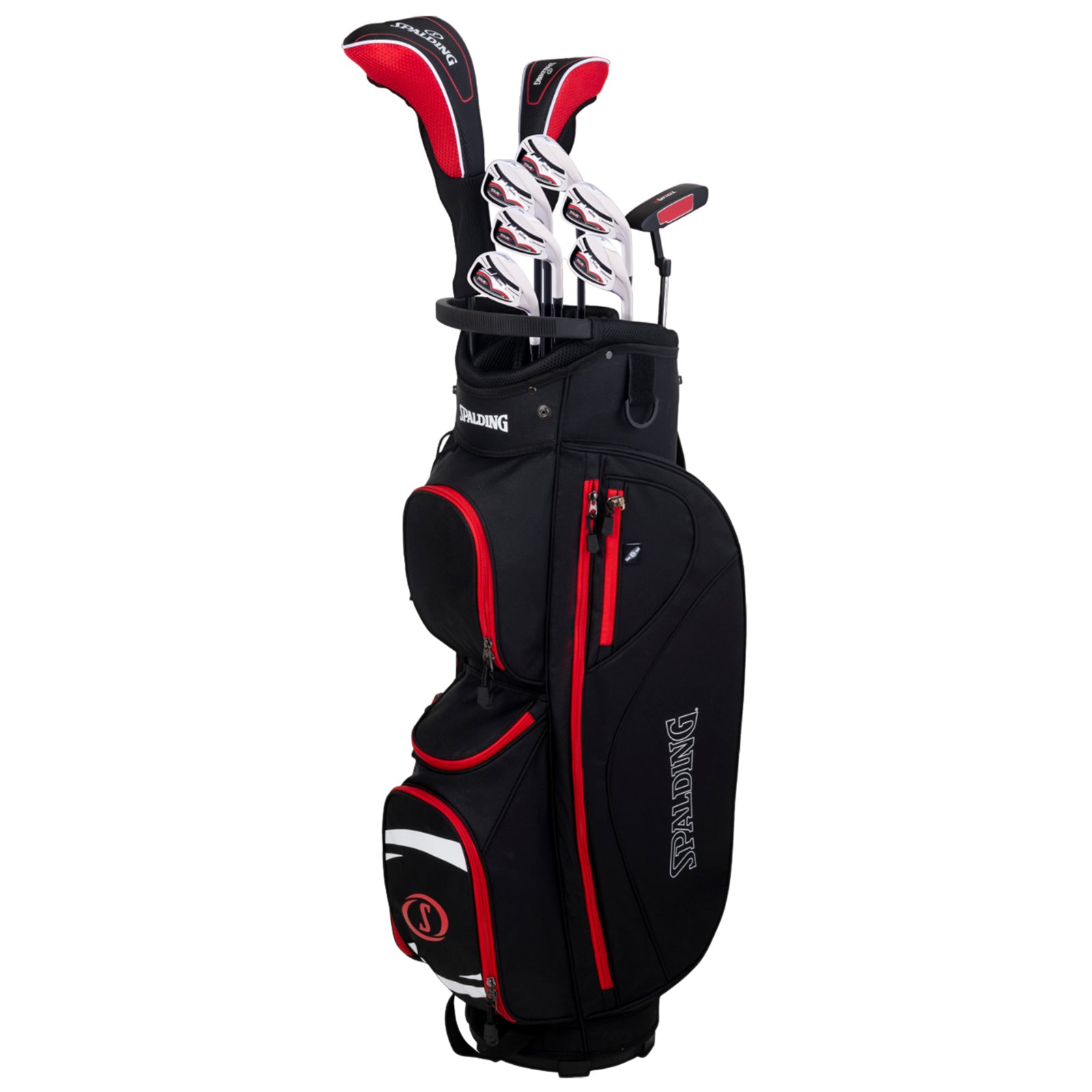 A black and red golf bag stands upright containing several clubs visible at the top with a spacious compartment for additional gear and pockets on the side for storage.