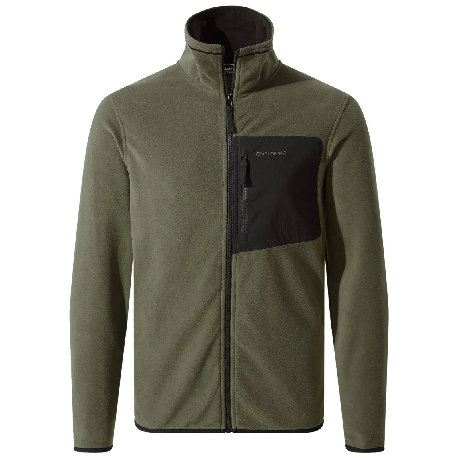 A green fleece jacket with a high collar features a black zippered pocket on the chest showcasing a smooth texture suitable for outdoor activities in cooler weather.