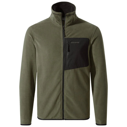 A green fleece jacket with a high collar features a black zippered pocket on the chest showcasing a smooth texture suitable for outdoor activities in cooler weather.