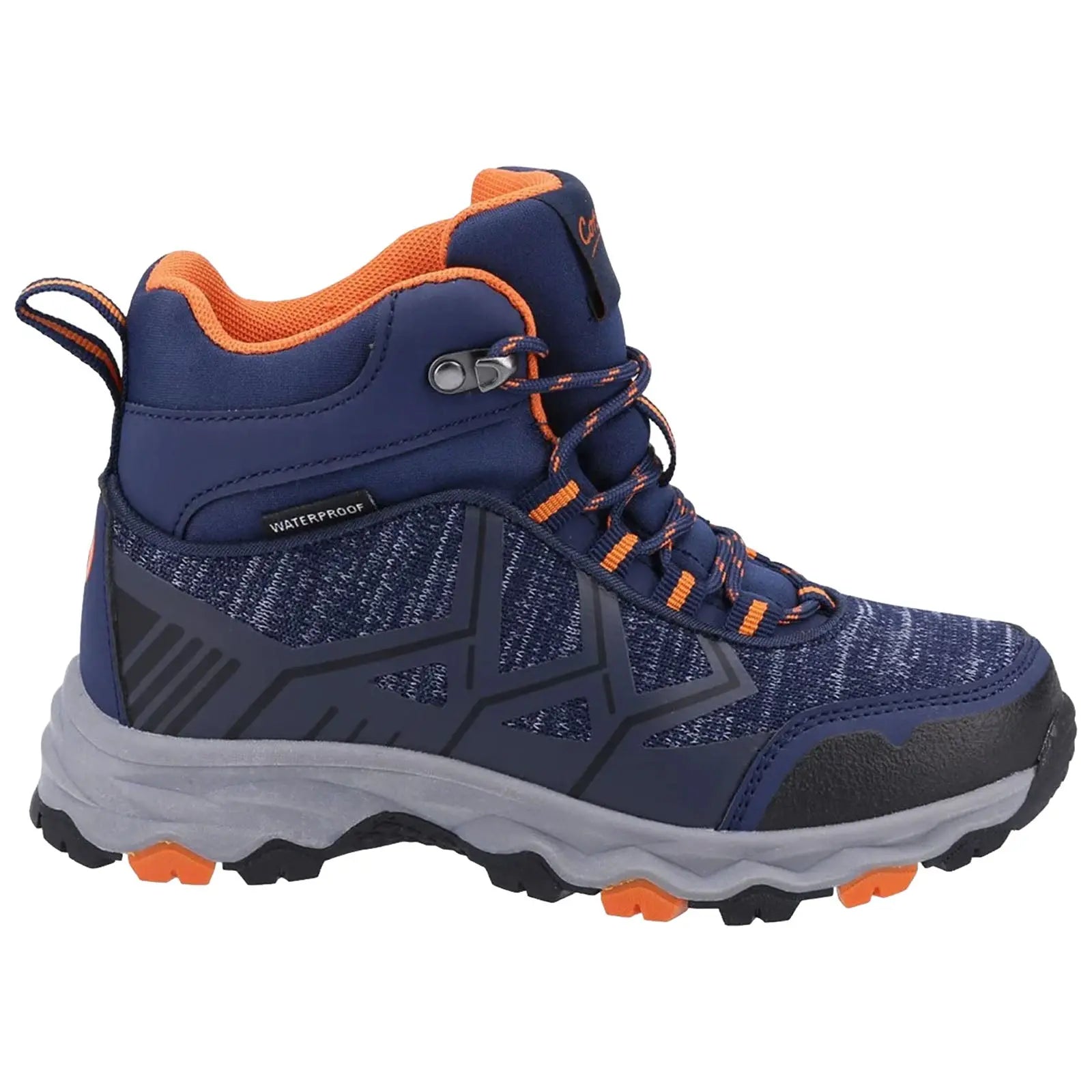 A waterproof hiking boot features a navy blue body with orange accents and a textured sole designed for traction on varied terrains providing support during outdoor adventures.