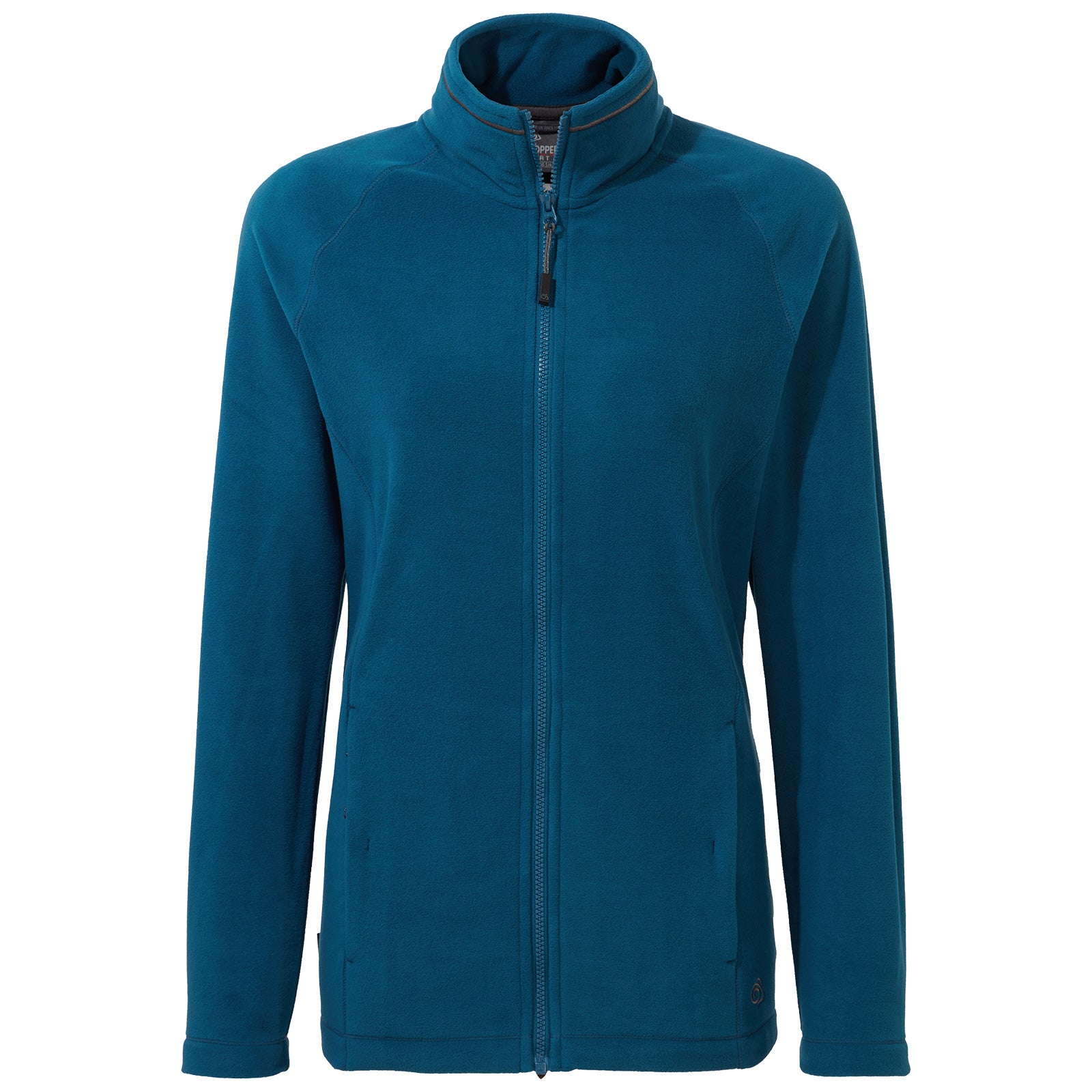 A teal fleece jacket hangs upright featuring a high collar and a full zipper front with two side pockets set against a plain white background.