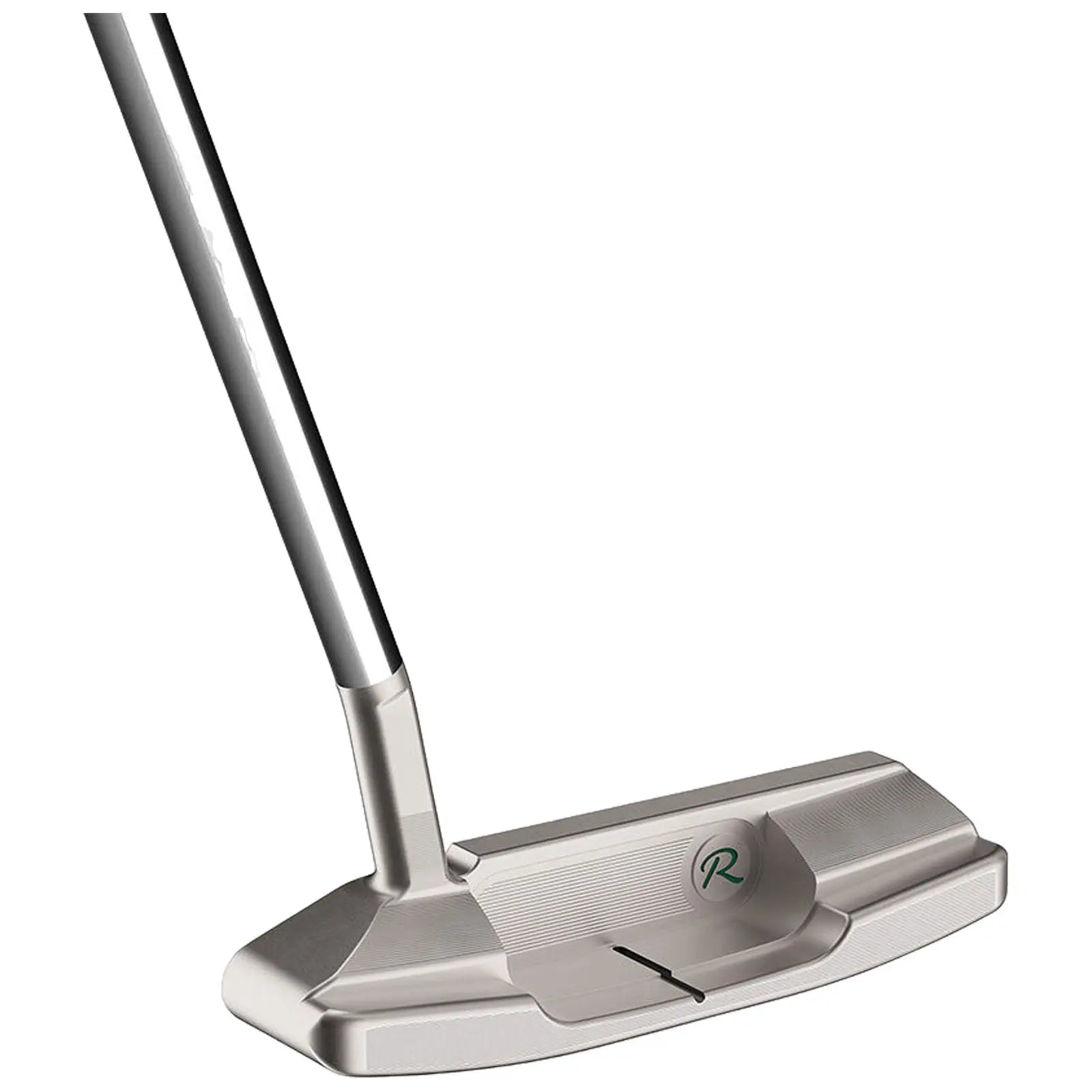 A golf putter rests upright with a metallic silver finish the head is flat and broad featuring a logo on the side and grooves for improved ball contact