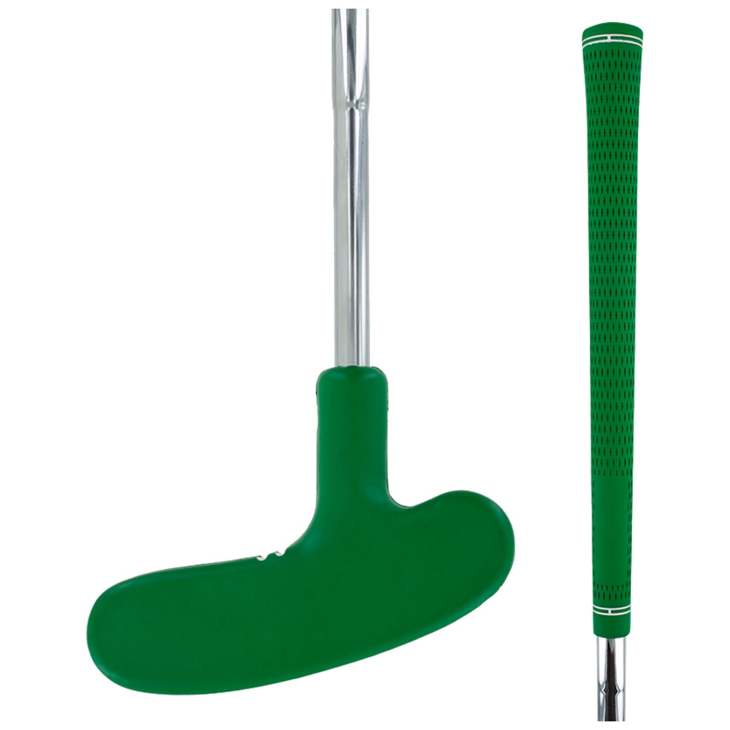 A green putter with a wide, flat head is positioned vertically. It has a metallic shaft leading to a textured green grip, suitable for use on a golf course or practice area.