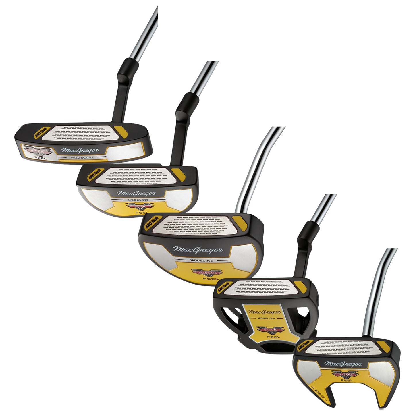 Five golf putters are arranged in a row showcasing distinct designs and features highlighting brand details along with model numbers set against a plain background