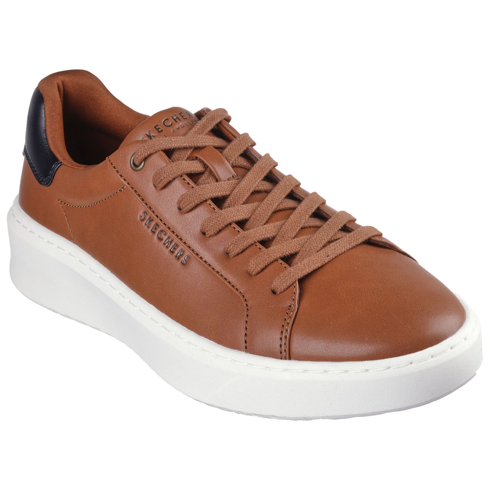 A brown leather sneaker is positioned prominently with brown laces and a white sole showcasing a sleek design the context emphasizes comfort and casual style typical of footwear options