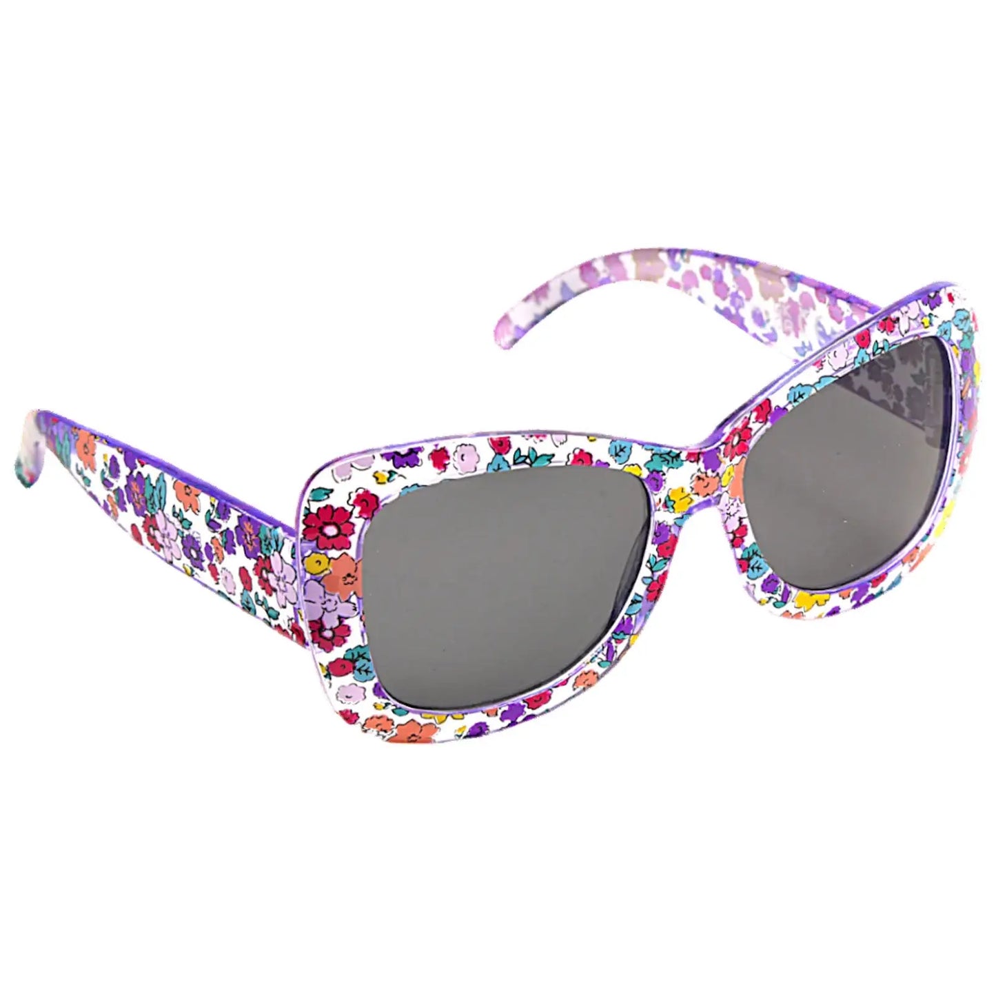 Colorful floral-patterned sunglasses rest at an angle with dark lenses highlighting their oversized design in a bright and playful aesthetic suitable for sunny outdoor environments.