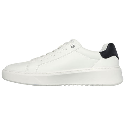 A white sneaker with a smooth upper features a black heel cap and a thick sole while positioned on a neutral background showcasing its design and style elements.