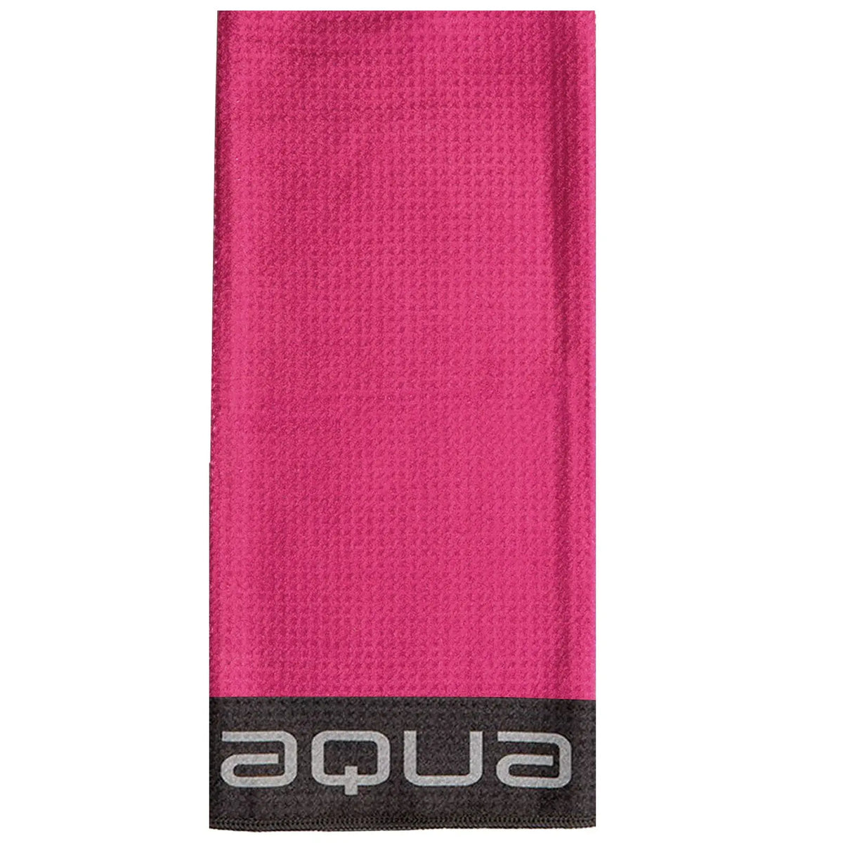 A pink towel is displayed flat featuring a textured surface and a dark gray bottom with the word aqua in light gray letters showcasing a vibrant gym or beach accessory.