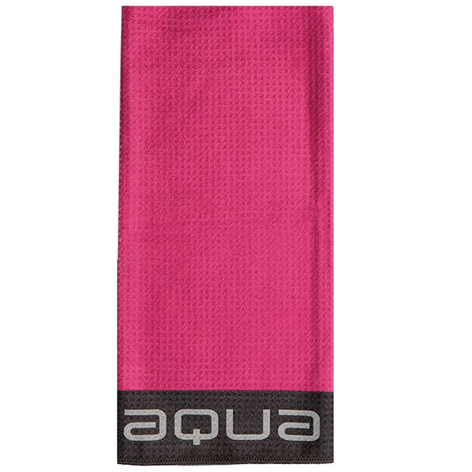 A pink towel is displayed flat featuring a textured surface and a dark gray bottom with the word aqua in light gray letters showcasing a vibrant gym or beach accessory.