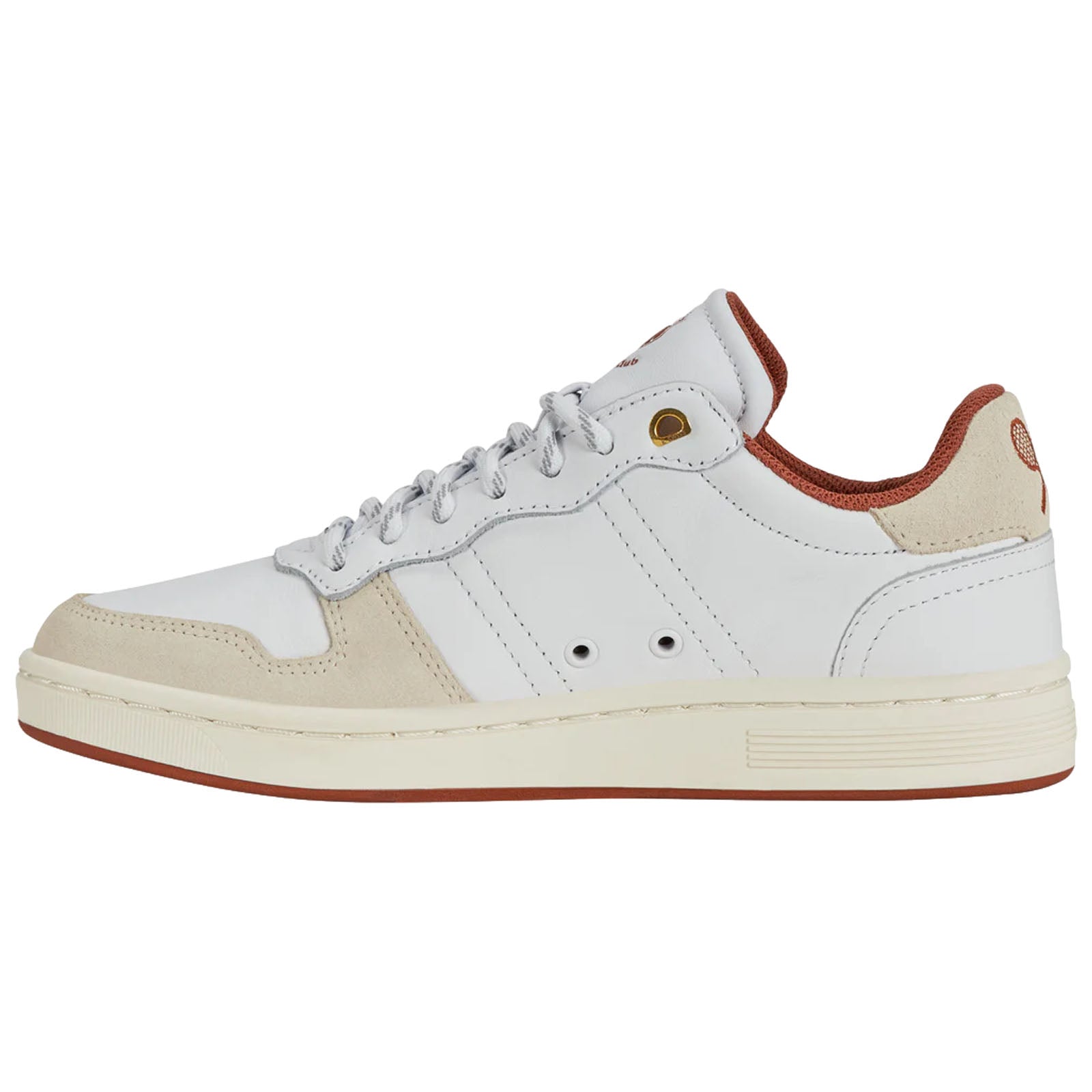 A white sneaker with beige accents is displayed while facing left showcasing its laces and cushioned collar set against a plain background emphasizing the shoe's sleek design and colors