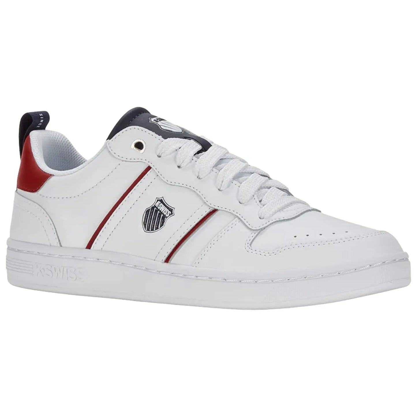 A white sneaker features red and navy accents with a logo on the side and a classic design suitable for casual wear displayed against a neutral background.
