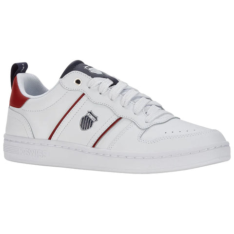 A white sneaker features red and navy accents with a logo on the side and a classic design suitable for casual wear displayed against a neutral background.