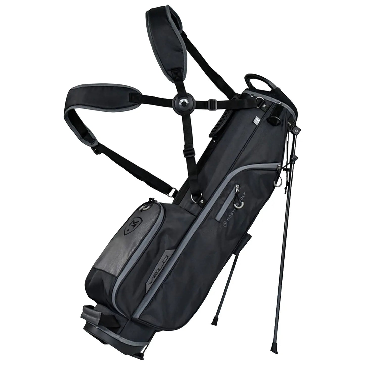 A black golf bag with adjustable straps stands upright on its legs featuring multiple zippered pockets for storage designed for carrying golf clubs and accessories in a golfing environment