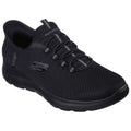 A black athletic shoe features a mesh upper and elastic laces designed for comfort and support positioned on a neutral background suitable for casual or active wear.