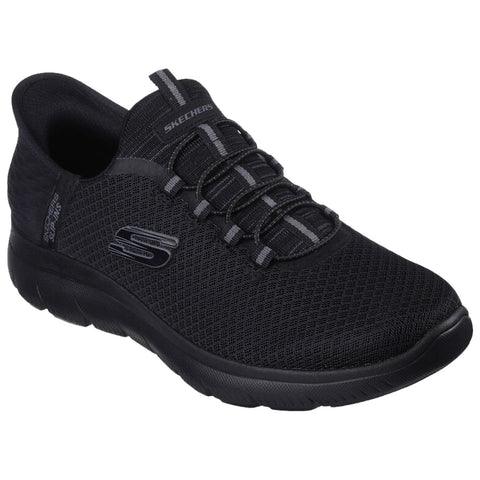 A black athletic shoe features a mesh upper and elastic laces designed for comfort and support positioned on a neutral background suitable for casual or active wear.