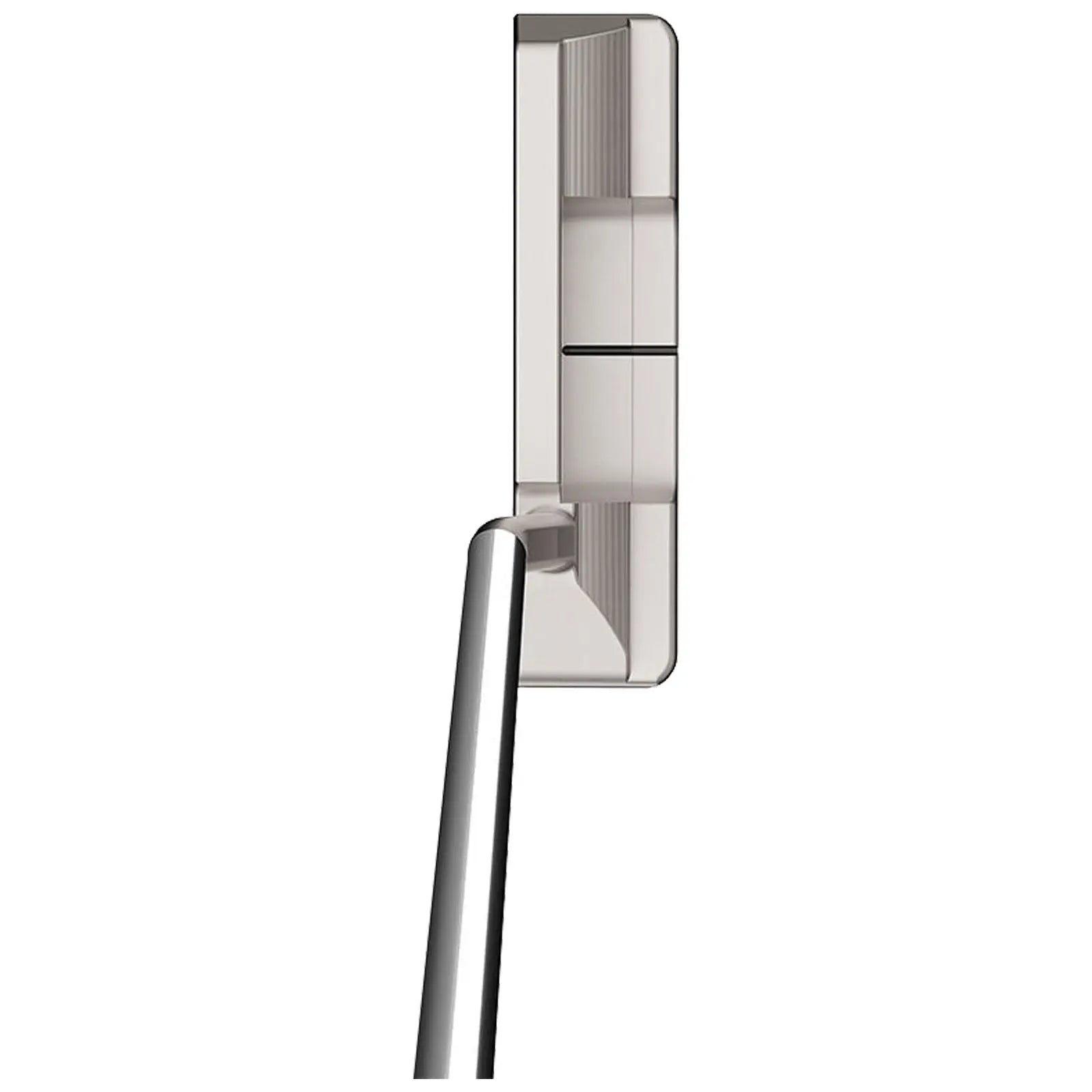 A sleek, metallic door handle is positioned vertically with a long, polished stem extending downward while the background is plain and neutral, emphasizing the handle's modern design.