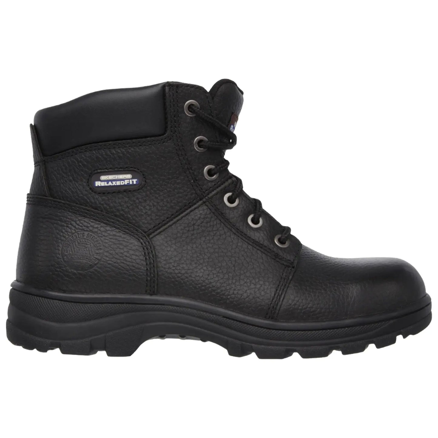 Black leather work boot stands upright displaying its textured surface and sturdy sole featuring metal eyelets for laces positioned along the front with a padded collar at the top.