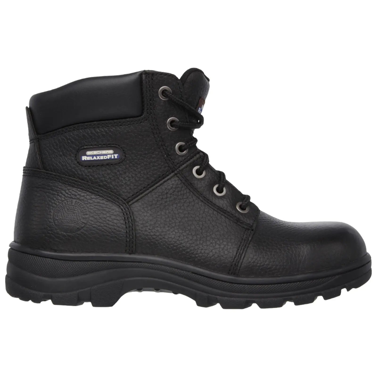 Black leather work boot stands upright displaying its textured surface and sturdy sole featuring metal eyelets for laces positioned along the front with a padded collar at the top.
