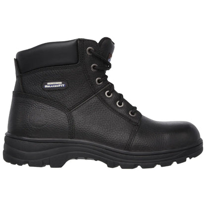 Black leather work boot stands upright displaying its textured surface and sturdy sole featuring metal eyelets for laces positioned along the front with a padded collar at the top.