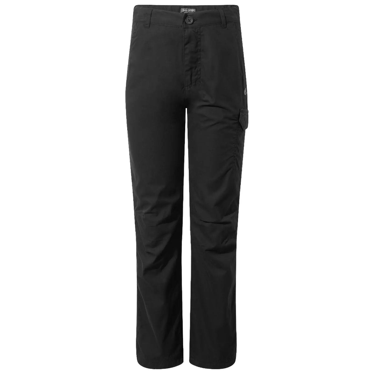 Black cargo pants with a button closure have a side pocket and a relaxed fit designed for comfort and utility, suitable for outdoor activities or casual wear.