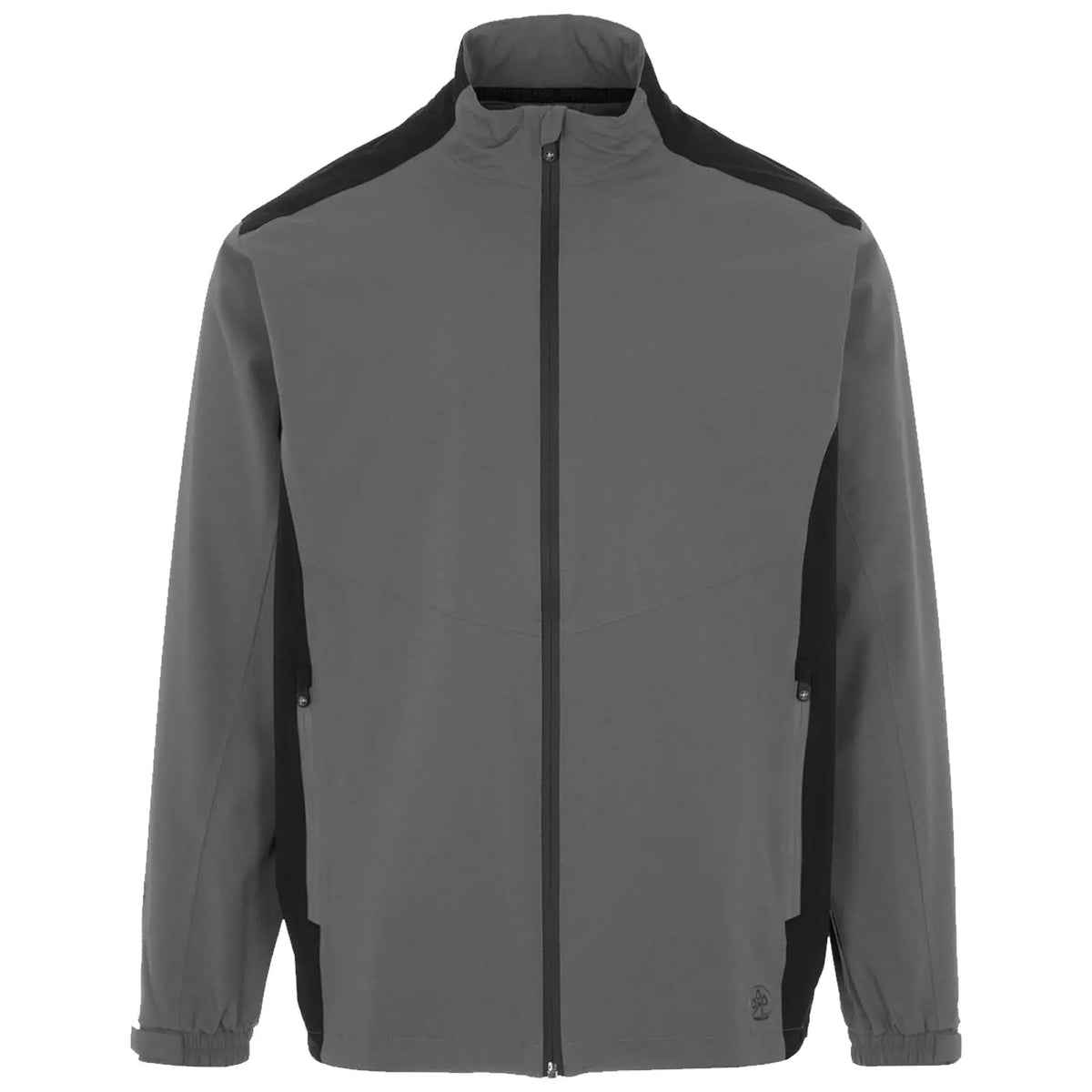 A gray jacket features a high collar and a front zipper with black accents on the shoulders and sides showcasing a sleek design suitable for casual or outdoor wear.