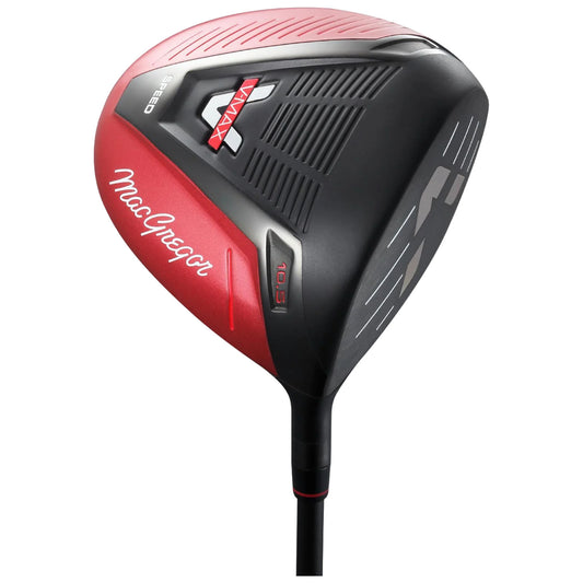 A golf driver with a sleek design featuring a black and red color scheme is positioned at an angle showcasing its head and markings indicating specifications like 10.5 degrees and brand name MacGregor.
