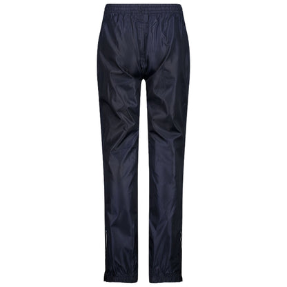 Black waterproof pants are displayed hanging straight down with an elastic waistband and cuffs the fabric appears smooth and shiny suitable for outdoor activities or wet weather conditions