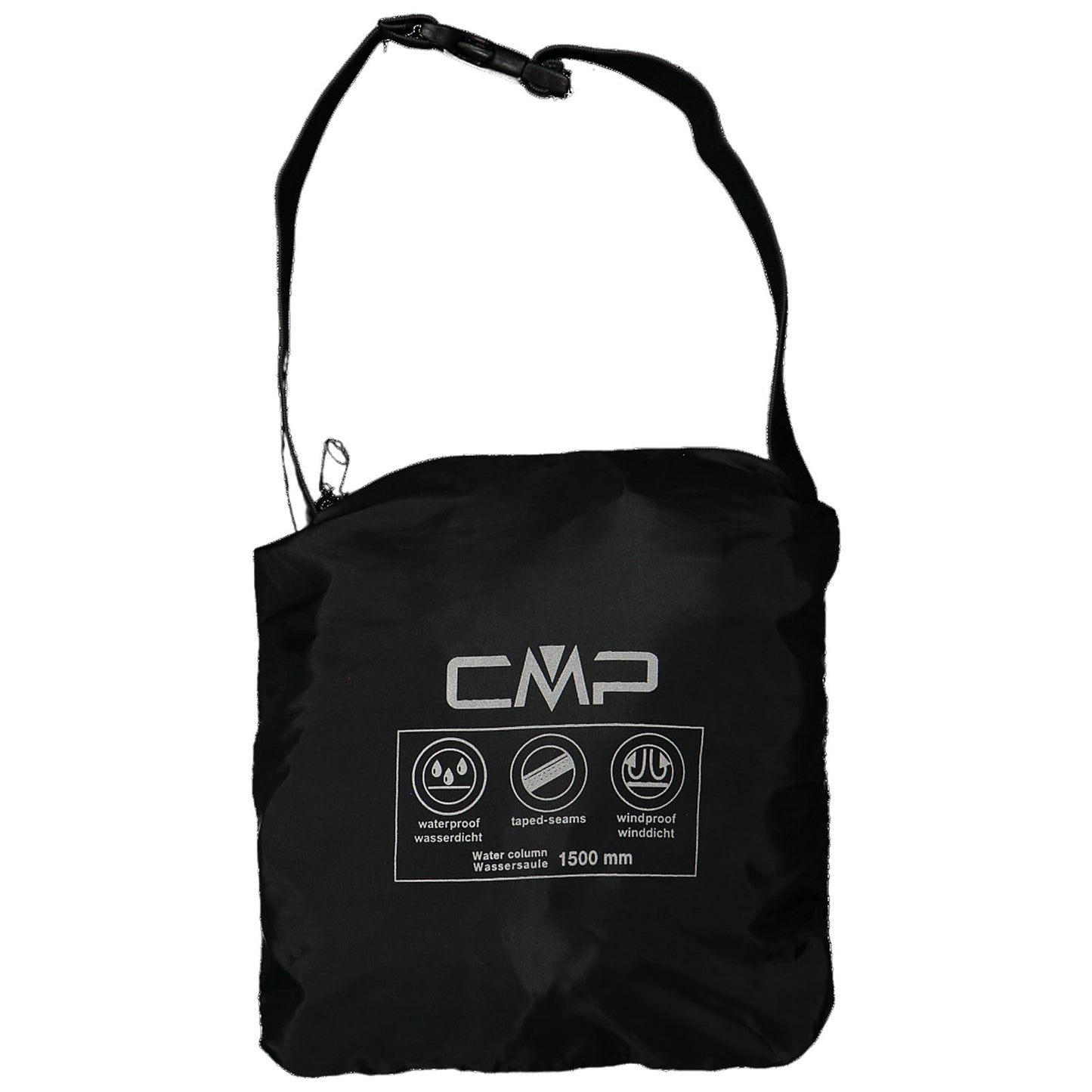 Black shoulder bag with a zip closure displays the logo CMP and icons indicating waterproof and windproof features along with a water column measurement of 1500 mm against a plain background.