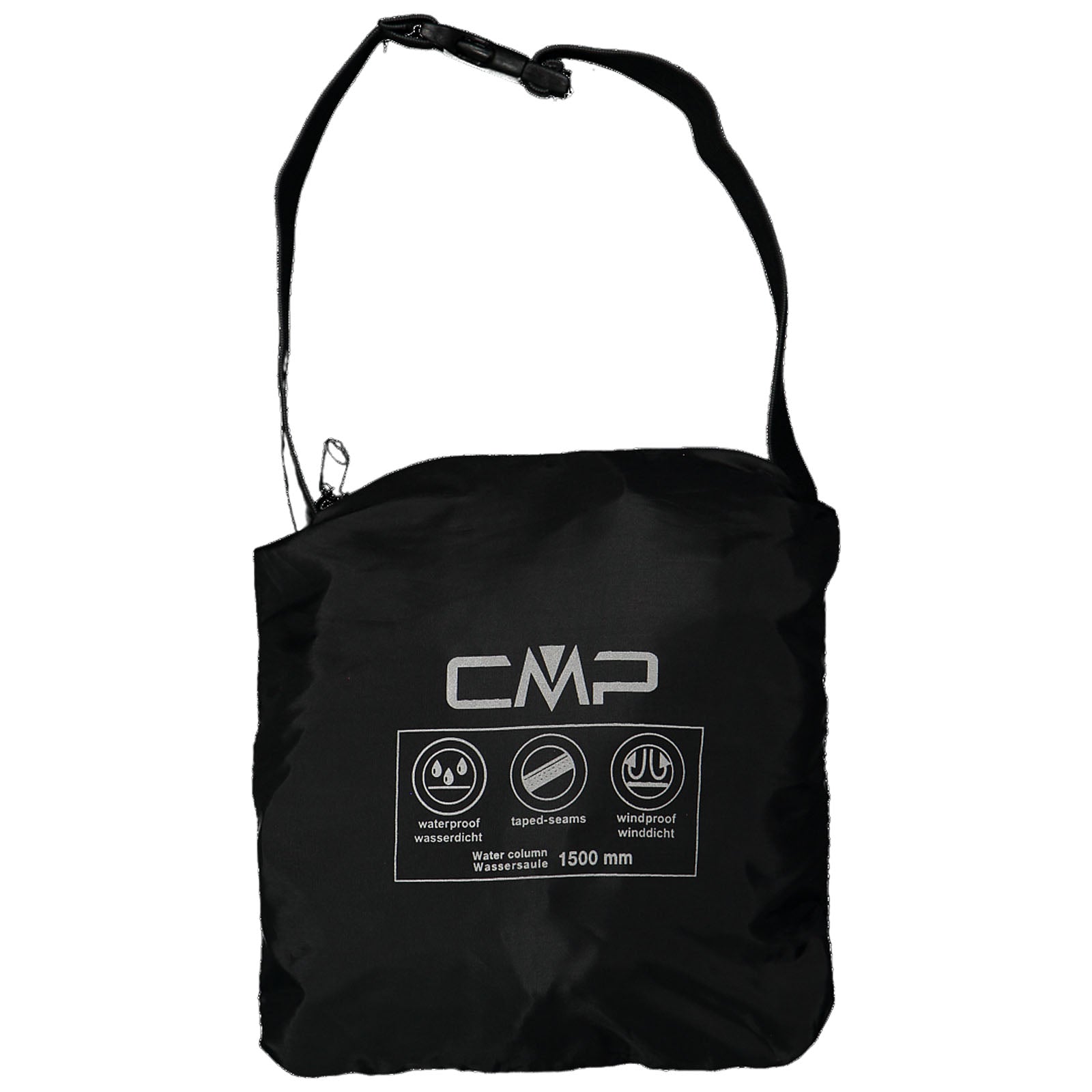 Black shoulder bag with a zip closure displays the logo CMP and icons indicating waterproof and windproof features along with a water column measurement of 1500 mm against a plain background.