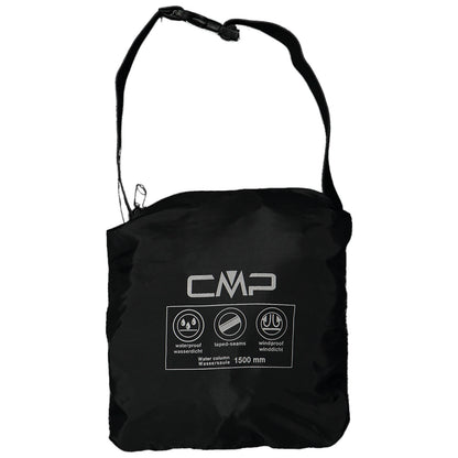 Black shoulder bag with a zip closure displays the logo CMP and icons indicating waterproof and windproof features along with a water column measurement of 1500 mm against a plain background.