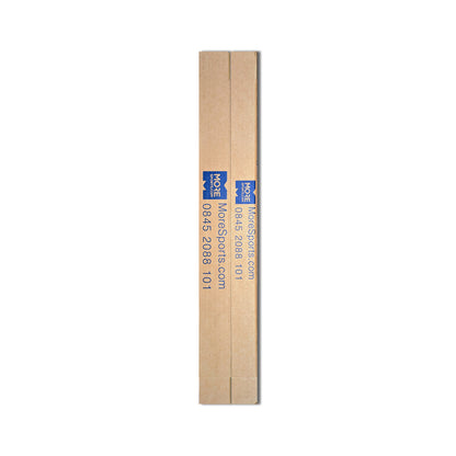 Two cardboard tubes are placed parallel to each other displaying printed text on the surface in a plain light background suggesting packaging for sports equipment or supplies. Text includes "MoreSports.com" and contact number "0845 2088 101."