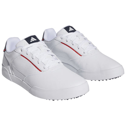 A pair of white athletic shoes is displayed featuring a sleek design with red accents and perforated sections for breathability placed on a plain background.