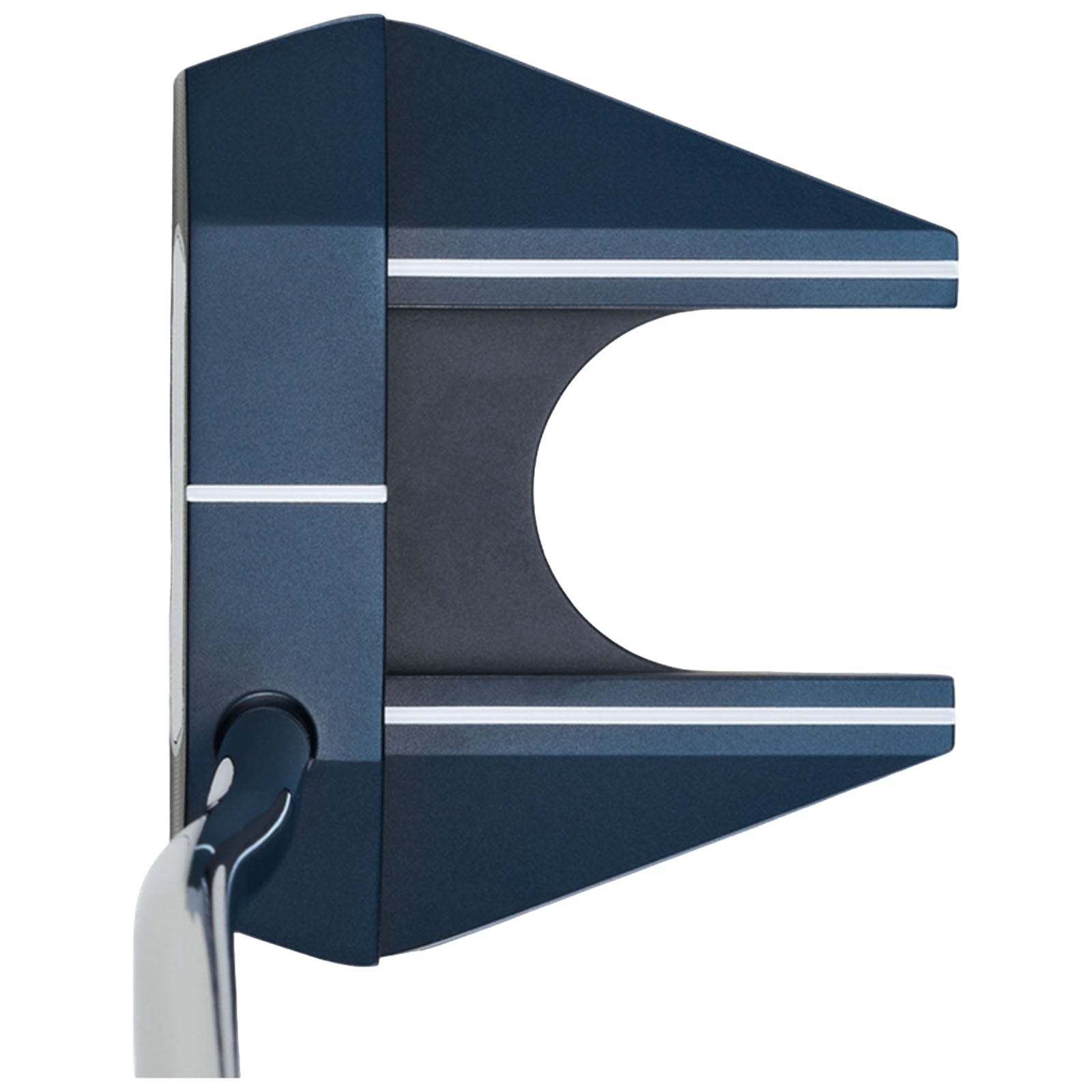 A blue golf putter rests flat with a distinctive design featuring a wide head and a circular cutout The shaft angles slightly from the head creating a streamlined appearance