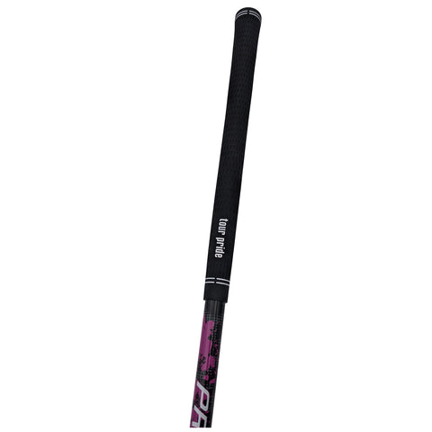 A black golf club grip with a textured surface lies vertically against a plain background featuring the text tour pride and designed for improved handling in golfing contexts.