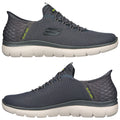 A pair of gray athletic shoes sits upright with a textured fabric surface and a thick white sole showcasing a slip-on design. The shoes feature green accents and a logo.