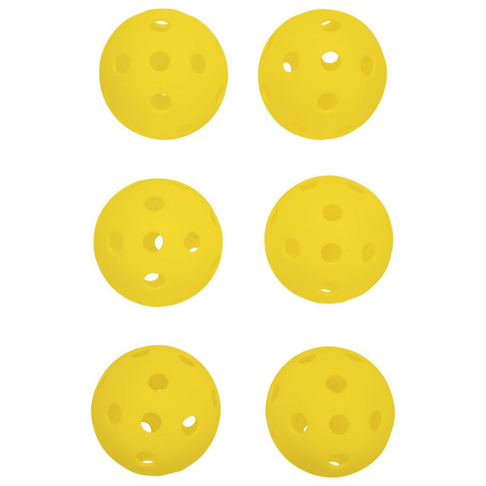 Six yellow plastic balls with holes are arranged in two rows of three on a flat surface. They are lightweight and typically used for recreational games or sports.