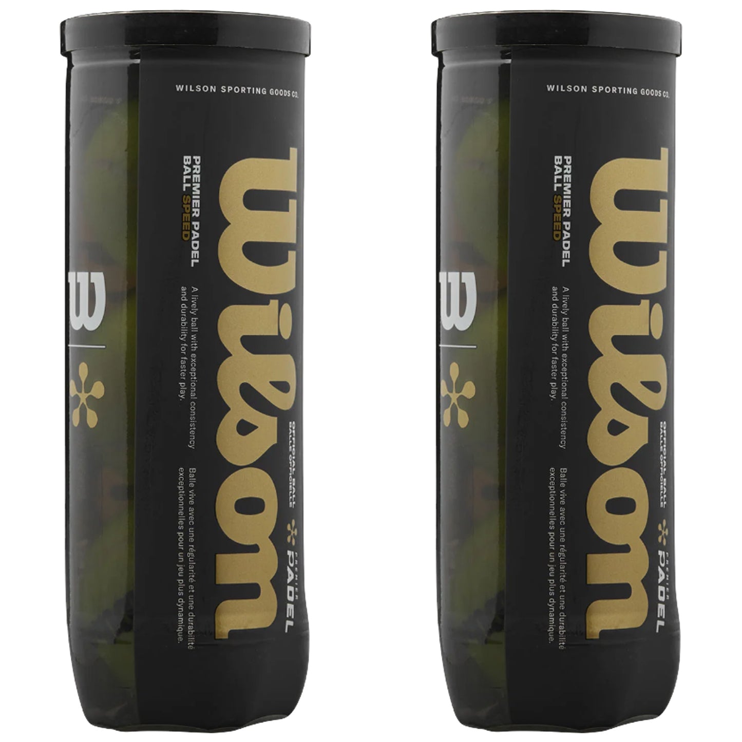 Two cylindrical containers of Wilson Premier Padel balls are displayed upright. Each container features a black and gold design with text indicating the brand and product details, emphasizing speed and durability for padel play. The context suggests a sports-related environment.