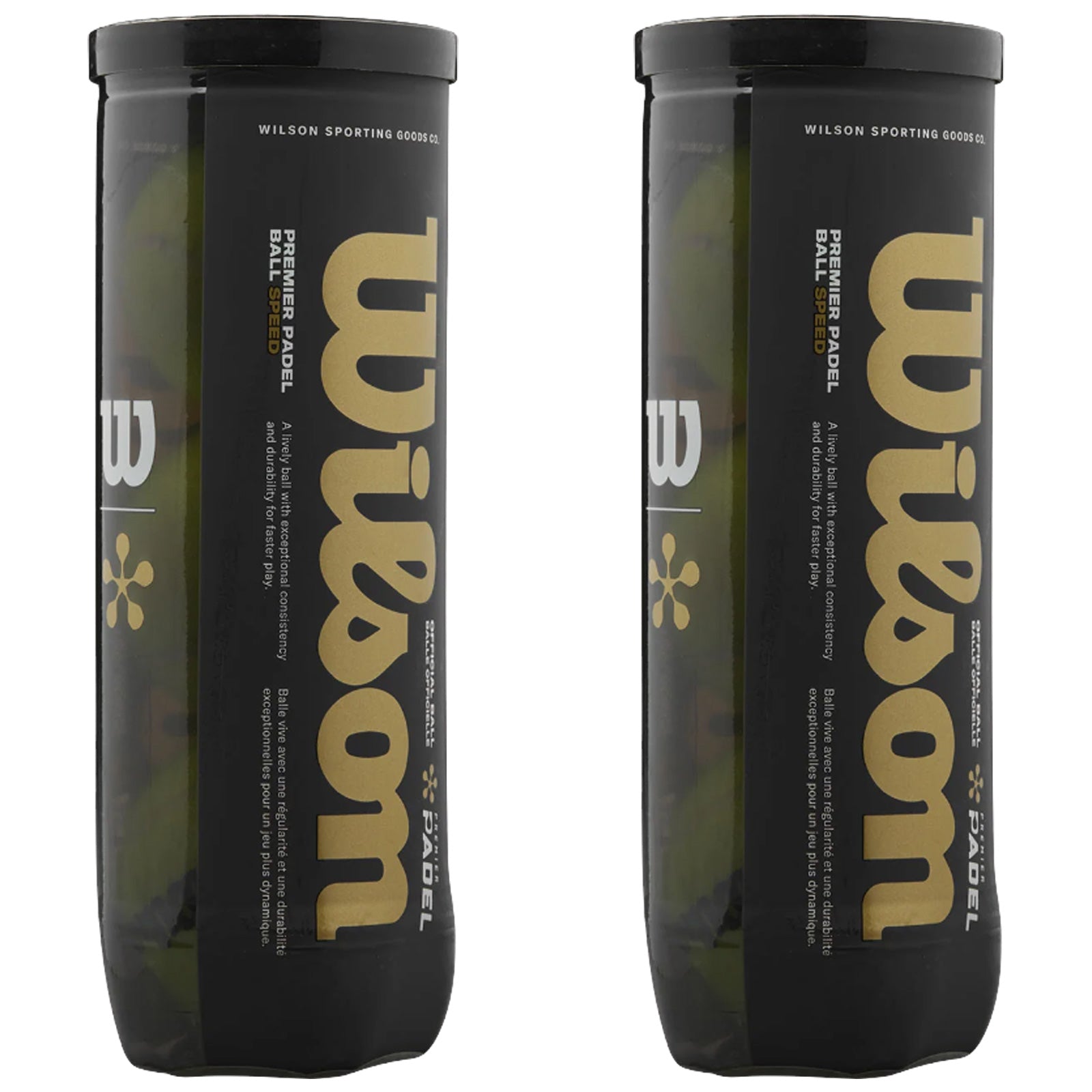 Two cylindrical containers of Wilson Premier Padel balls are displayed upright. Each container features a black and gold design with text indicating the brand and product details, emphasizing speed and durability for padel play. The context suggests a sports-related environment.