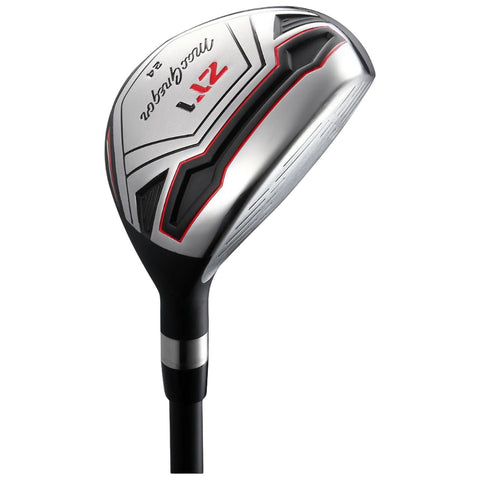 A golf club with a metallic silver head and black accents rests upright. It is designed for hitting golf balls, likely intended for use on a golf course.