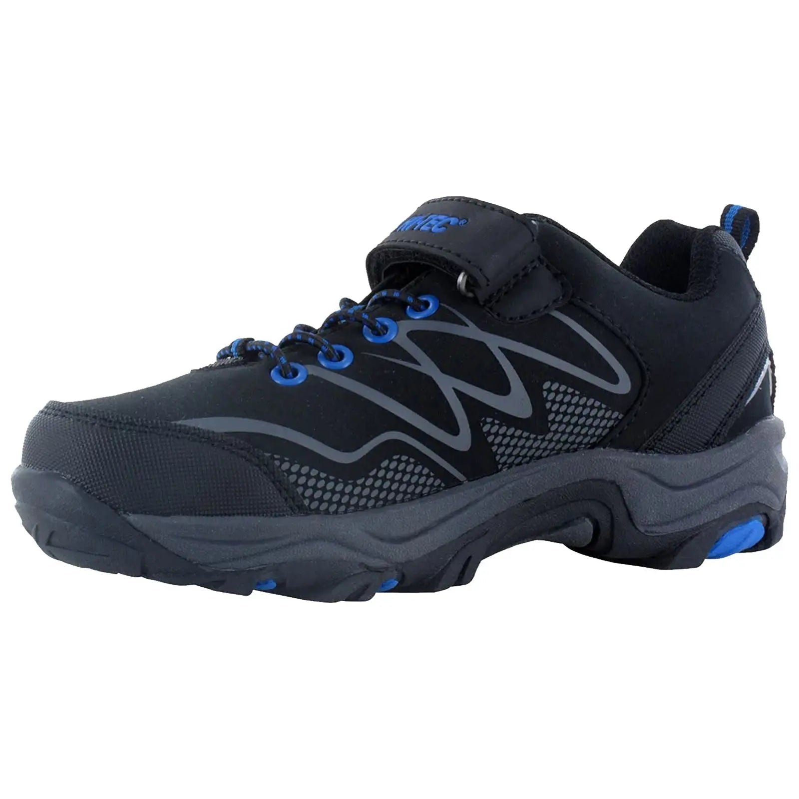 A black athletic shoe features a mesh and synthetic upper with blue accents and laces while the sole is designed for traction and support in active environments
