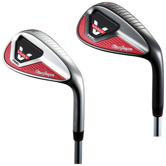 Two golf clubs are displayed side by side emphasizing their sleek design and red accents showcasing the VMAX brand name and MacGregor logo with a shiny metallic finish on the clubheads