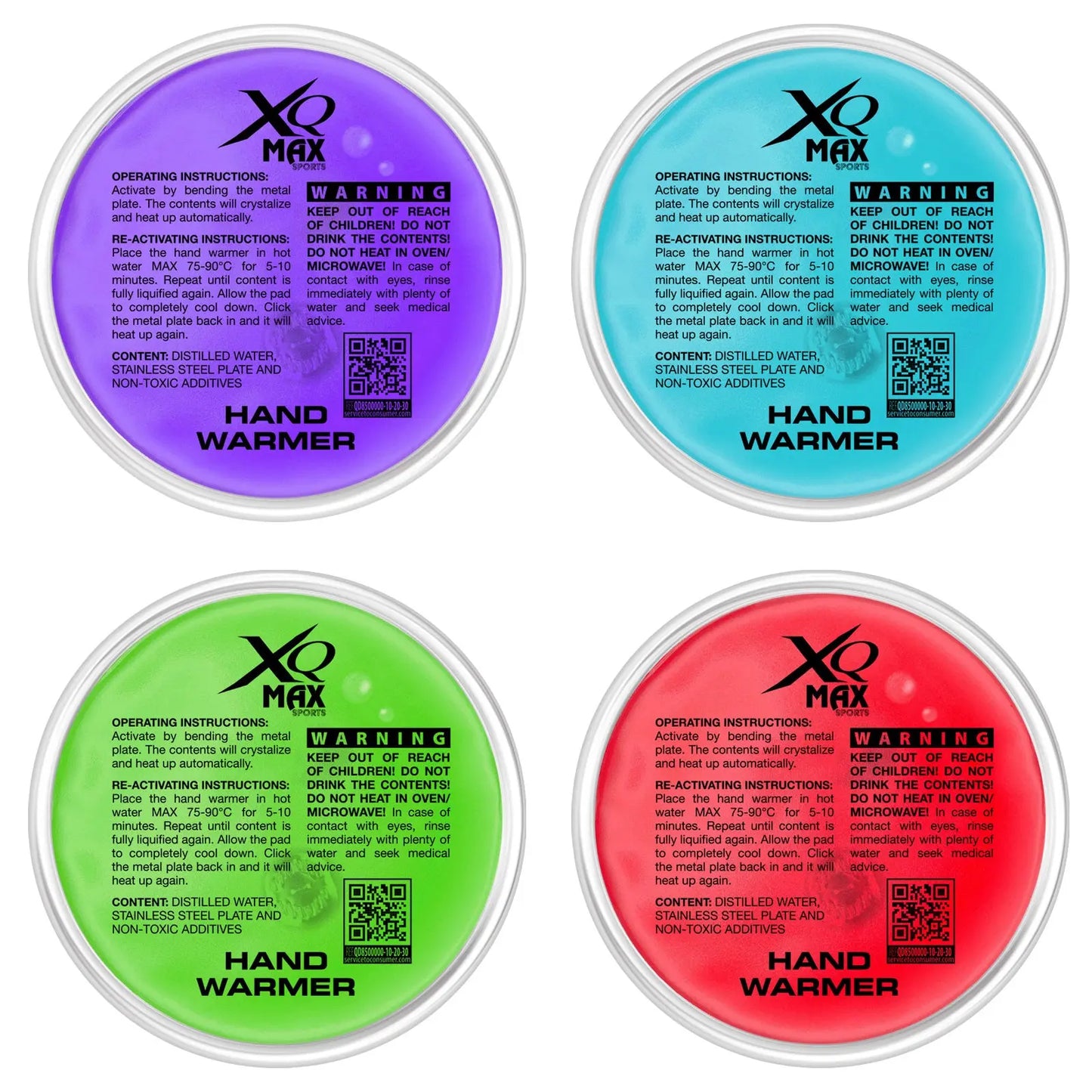 Four circular hand warmers are displayed in different colors: purple, blue, green, and red. Each has operating instructions, safety warnings, and content details printed on it, located in a flat arrangement.